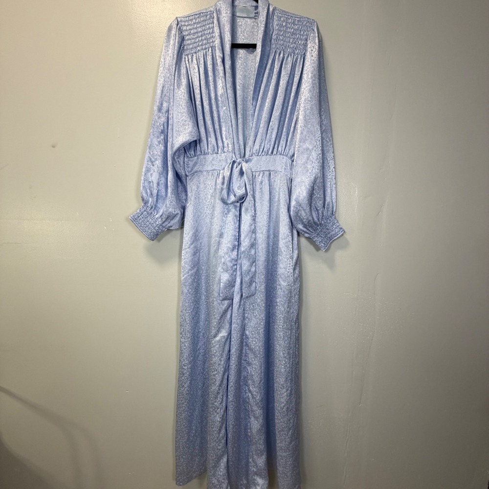 Vintage Gilligan O'Malley Blue Floral Satin Jacquard Maxi Robe M Grandma Glam